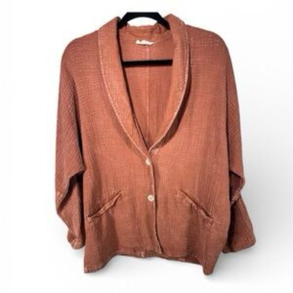 Easel Los Angeles Gauze Textured Oversized Button Down Jacket Rust Orange Large